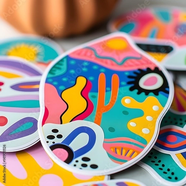 Obraz Vibrant Abstract Designs: Colorful Stickers Showcase Artistic Shapes and Patterns with Bold Hues, Creating a Joyful and Playful Aesthetic for Creative Expression and Decoration.