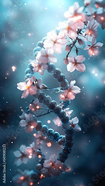 Fototapeta Glowing DNA with Sakura Flowers and Glitter Particles