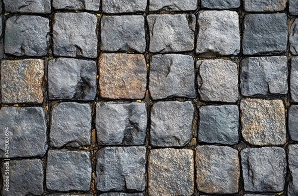 Fototapeta Close-up of rustic cobblestone pavement with detailed stone texture in natural lighting