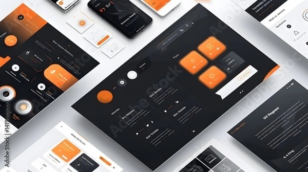 Fototapeta Design Mobile Interfaces: A Comprehensive Guide to UI/UX Design for Mobile Apps, Websites, and Web Applications using Dark Mode, Orange Accents, and Modern Design Principles,Advanced User Experiences.