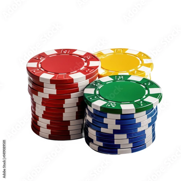 Fototapeta Stacks of colorful casino chips in red yellow green and blue on dark space