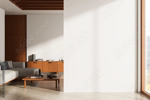 Obraz Modern living room interior with empty white wall for poster mockup or design template display in natural light environment with wood elements. 3D Rendering