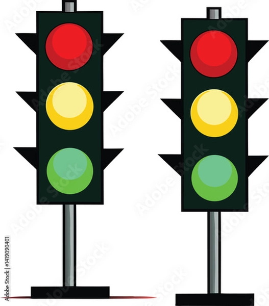 Obraz Red stoplight, green go signal, and yellow warning traffic lights control road trafficRed stoplight, green go signal, and yellow warning traffic lights control road traffic