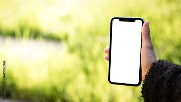 Obraz Main féminine tenant un smartphone avec un écran blanc vierge dans le jardin – modèle de maquette avec incrustation mockup Bannière