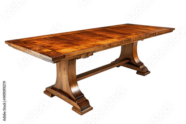 Fototapeta Elegant handcrafted farmhouse dining table rich dark wood grain sturdy trestle base isolated on transparent background