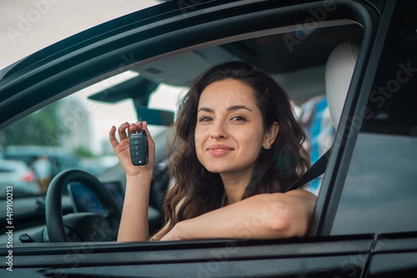 Fototapeta Happy Caucasian female car driver showing new car keys while sitting at driver seat. Lifestyle, transportation, sale, ownership concept
