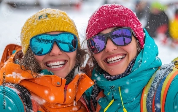 Fototapeta Two joyful women enjoying a winter adventure in the snow.  Perfect winter day with friends.  Smiling faces and bright clothes.