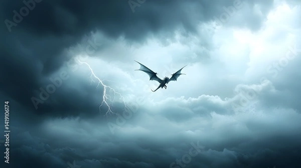 Fototapeta Fearless dragon rider soaring through a tumultuous storm swept sky with lightning crackling all around in this epic fantastical cartoon