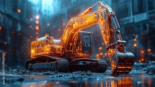 Obraz Futuristic Excavator Glowing at Night Urban Construction Site