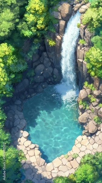 Fototapeta Waterfall cascades into serene, rocky pool.