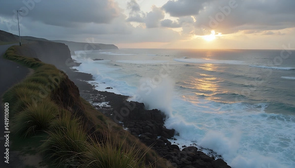 Obraz Crashing waves dynamic against rocky shoreline at sunset