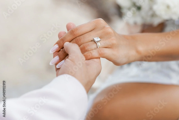 Obraz Bride and groom holding hands together close-up. Wedding ring and engagement ring with gemstones on the bride's finger. Hands of a wedding couple newlyweds cropped photo