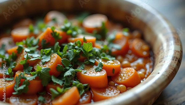 Obraz Cooked Carrots with Parsley [Close-up, Glazed] [Orange, Green, Beige] [Representing Healthy Eating or Home Cooking]