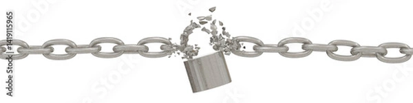 Fototapeta Liberation 3D Render: Broken chains and exploded padlock hook. Symbolizing release, independence. High-quality image.