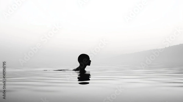 Fototapeta Side view of a lone swimmer gliding through still water, minimalist reflections and soft lighting on surface