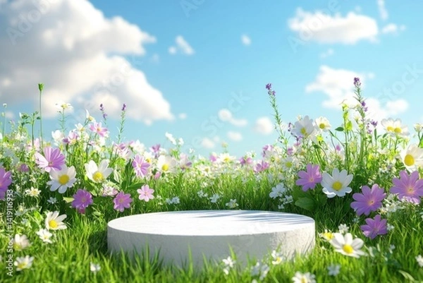 Fototapeta White empty podium with colorful wildflowers on grass background. Summer or spring nature scene mockup for product display presentation, advertising banner