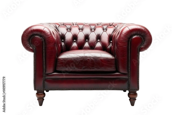 Fototapeta Luxurious burgundy leather Chesterfield armchair classic design richly detailed button tufting on transparent background