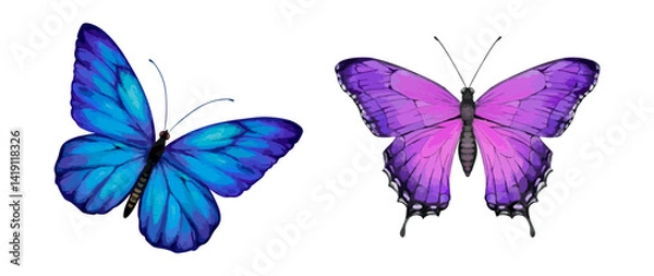 Obraz Watercolor butterfly illustration set with vibrant blue and purple wings. Hand painted insect vector for nature design prints and decorative artwork