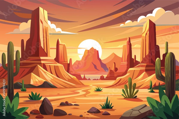 Fototapeta 
Desert landscape of canyon scenery with cactus and butte. Panoramic view of wild west desert with cacti and a sunset sky. Vector illustration of the scenic Arizona desert with buttes and mesas.