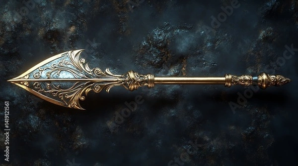 Obraz Ornate Golden and Silver Arrowhead Spear Weapon on Dark Background