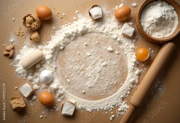Fototapeta Baking Ingredients Flour Eggs and Rolling Pin on Beige Surface A Culinary Scene Ready for Baking