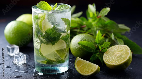 Fototapeta Mojito cocktail with lime and mint on a dark background