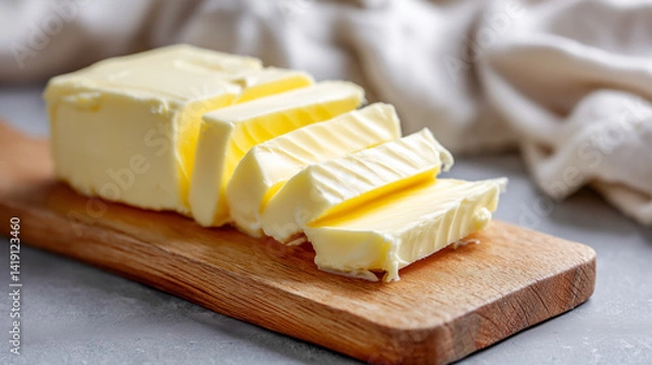 Fototapeta Butter slices on a wooden board