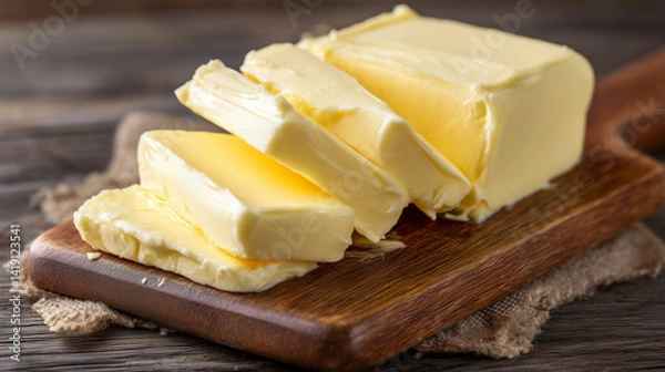 Fototapeta Butter slices on a wooden board