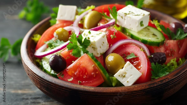 Fototapeta Greek salad with feta cheese, black and green olives, onion, tomatoes, cucumbers and olive oil in a plate 