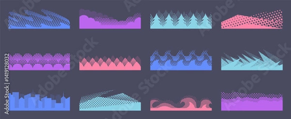Fototapeta Halftone footer dividers. Layered page separators with dot pattern, horizontal banner backdrop and page break border decorations. Abstract dotted layers backgrounds vector set.