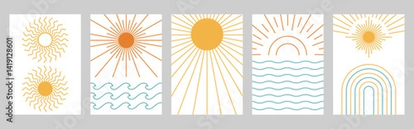 Fototapeta Boho sun poster backgrounds. Abstract sun rays, bohemian wall art prints with sunrise and sea waves. Minimalist decor with sunbeams, arches and geometric lines vector set with editable stroke paths.