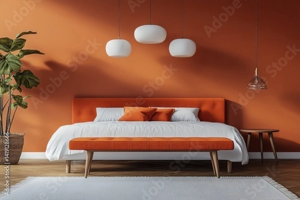 Fototapeta Oranged themed bedroom showcasing a bed bench and pendant lights