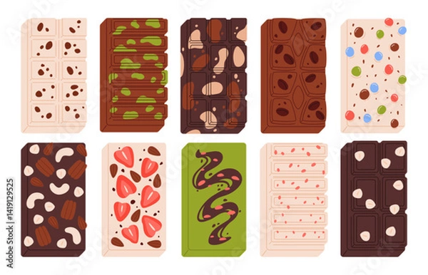 Fototapeta Assorted chocolate bars. Dark, milk and white chocolate bar types with nuts, pistachio, strawberry, matcha, candies and nougat. Sweet dessert confectionery vector illustration set.