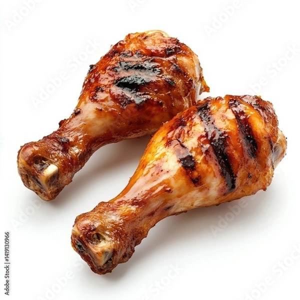 Obraz Two grilled chicken drumsticks with a crispy, golden brown skin