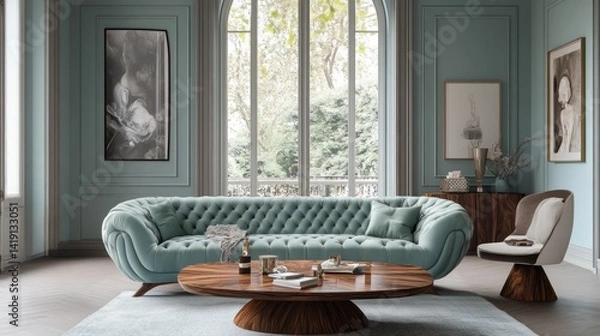 Fototapeta Elegant living room features a tufted sofa and artwork