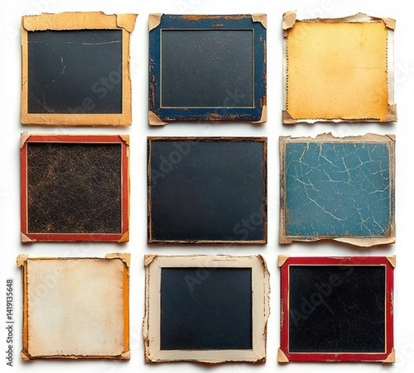 Obraz Vintage photo frames collage with torn edges aged paper textures yellowed tape retro style nostalgic background