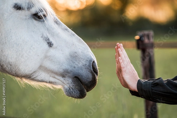 Fototapeta hand and horse human and pony connect and bond 