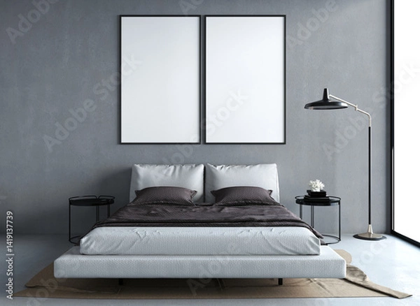 Fototapeta The modern loft bedroom interior design and canvas frame on concrete pattern wall background and cozy white bed decoration. 3D rendering. 