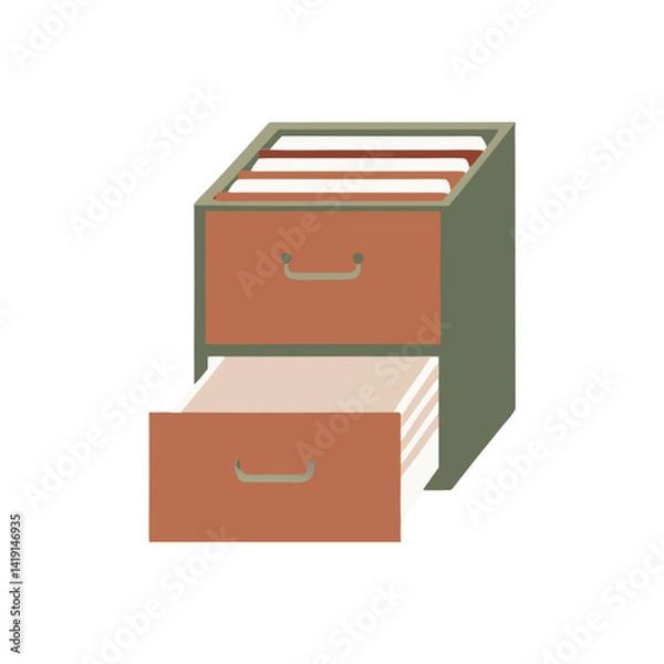 Fototapeta Open file cabinet with green and brown drawers displaying folders  