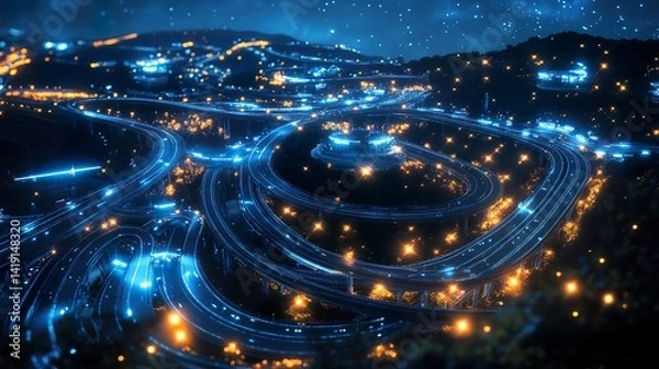 Fototapeta Futuristic Highway Interchange at Night with Glowing Lights and Modern Design