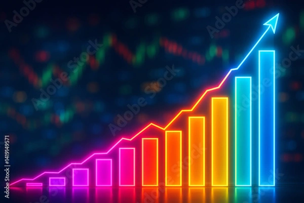 Fototapeta A vibrant neon chart representing growth, with colorful bars rising against a blurred financial background. This image symbolizes success, progress, and innovation in business.