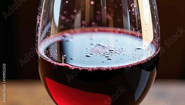 Fototapeta Burgundy Red Wine Glass CloseUp: Rich, Elegant Color Display. A close up of a glass of red wine on a table.