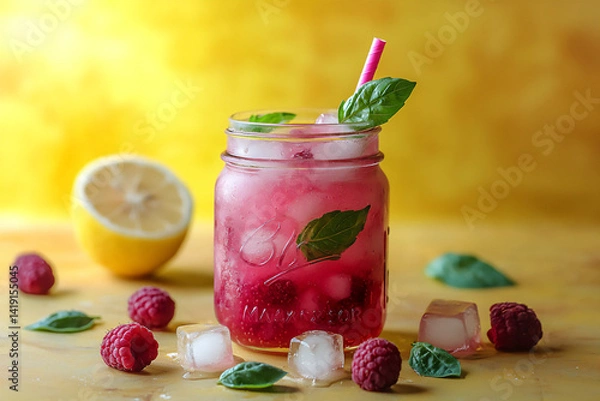 Fototapeta raspberry basil lemonade mason jar