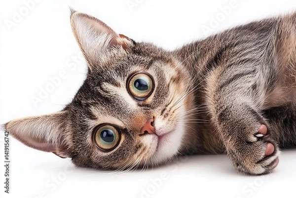 Fototapeta Cute Grey Cat Relaxing on White Background with Big Green Eyes