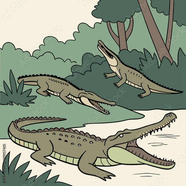 Fototapeta Three cartoon crocodiles in a jungle setting with trees and a river, depicted in shades of green and brown, with open mouths and spiky backs.