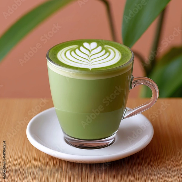 Fototapeta Hot matcha latte in a transparent glass cup with elegant leaf latte art, placed on white saucer, minimal natural background with warm tones, cozy morning tea ritual in modern café.