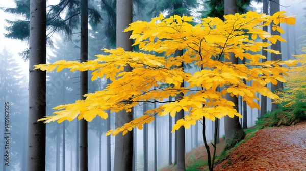 Fototapeta Enchanting autumn forest scene with golden leaves on vibrant tree, surrounded by tall, misty pine trees. mystical fog adds serene and magical atmosphere to woodland path