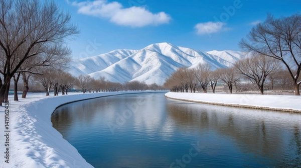 Fototapeta Snow covered mountain range under crisp blue sky, with frozen river reflecting serene winter landscape. Bare trees line riverbank, creating tranquil and picturesque scene