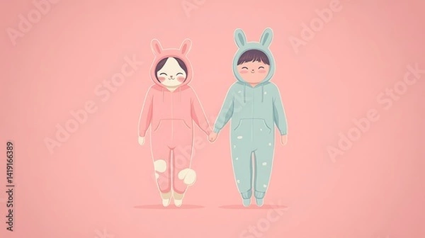 Fototapeta Korean couple in cat and bunny onesies holding hands, smiling softly, minimal flat illustration with clean outlines, pastel pink background, clipart style, no textures, full body characters.