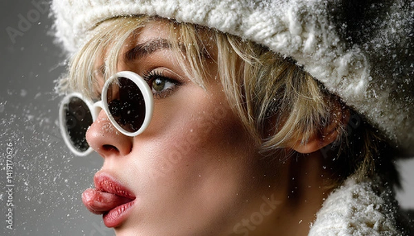 Fototapeta Side portrait of blonde woman with white sunglasses catching snowflakes with expressive gesture. Generated with AI